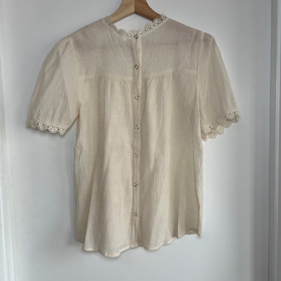 Mine Victorian Cream Crochet Lace Neckline Short Sleeve Blouse, Size Small - Picture 7 of 9